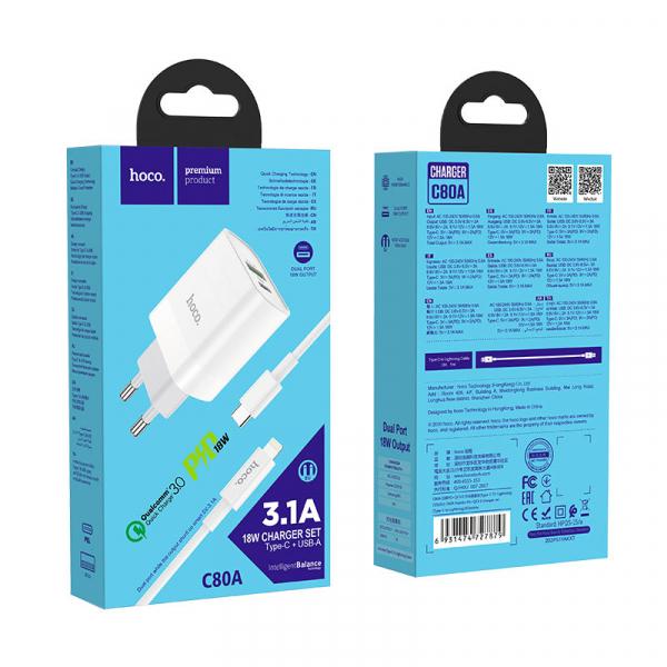 Зарядний пристрій Hoco C80A Rapido PD 20W+QC3.0 Type-C + Lightning (white)