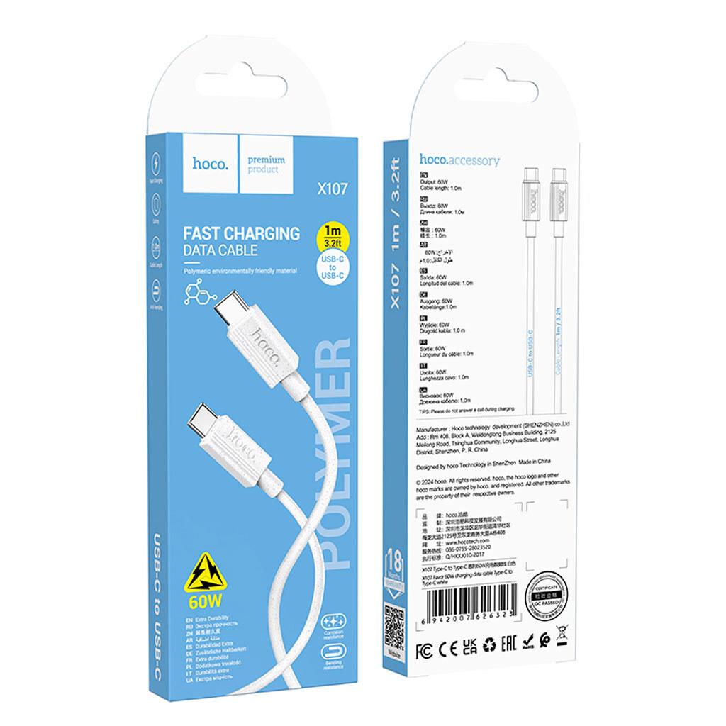 Кабель Hoco X107 Favor 60W charging data cable Type-C to Type-C 1m White