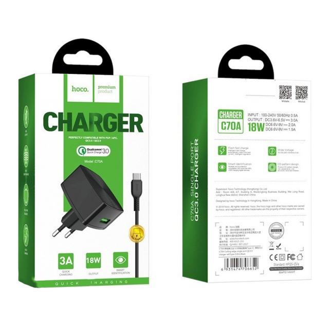 Зарядний пристрій HOCO C70A Cutting-Edge 1USB/3A/QC3.0/MicroUSB-Set чорний