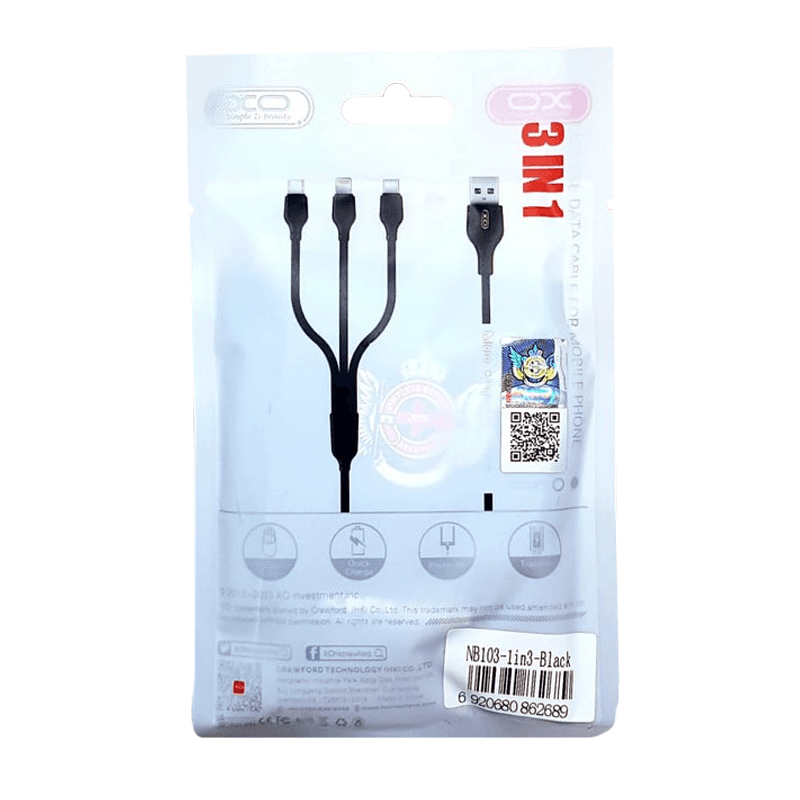 Кабель XO 3in1 micro/type-C/lightning NB103 2.1A/1m Black
