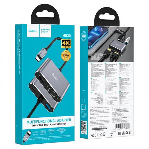 Концентратор (Хаб) HOCO HB30 Eco Type-C multi-function converter(HDTV+VGA+USB3.0+PD) Сірий