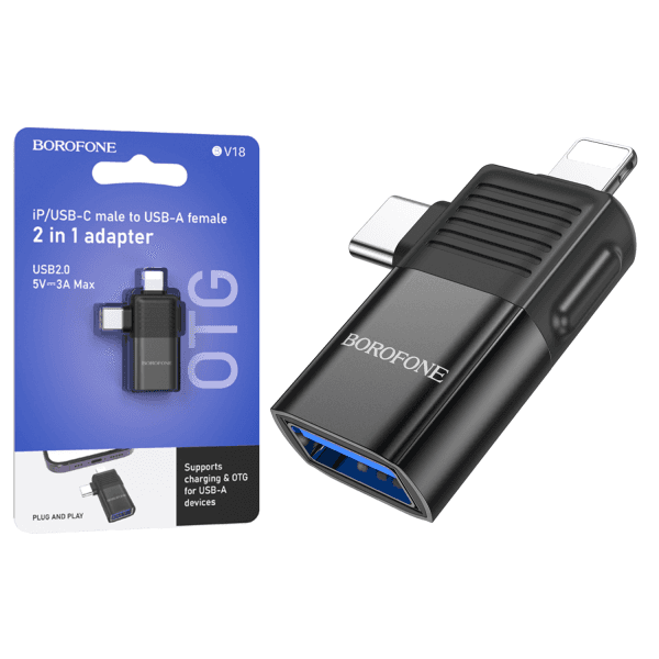 Перехідник BOROFONE BV18 2в1 (Lightning male/Type-C male to USB female USB2.0)